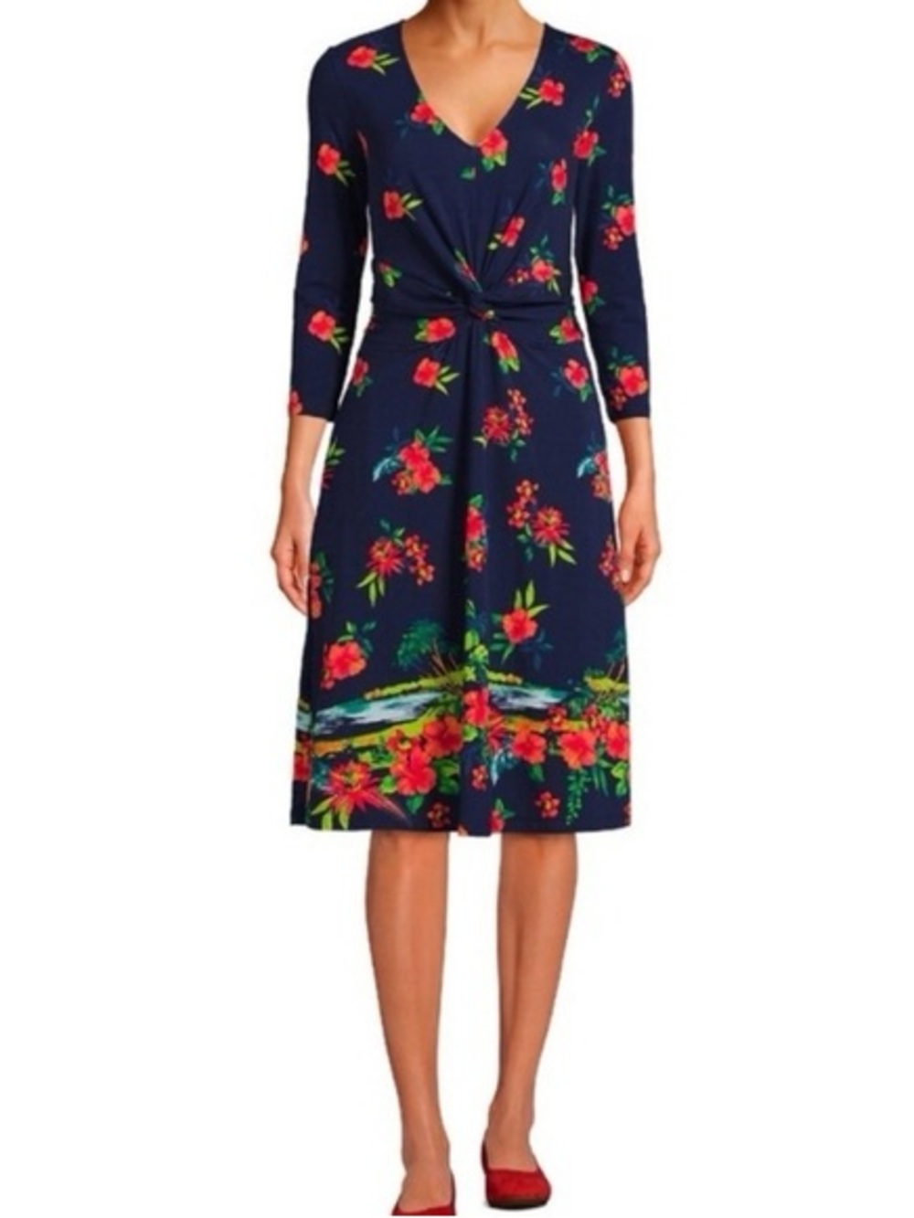 Lands' End Navy Floral Twist-Front Long Sleeve Maxi Dress